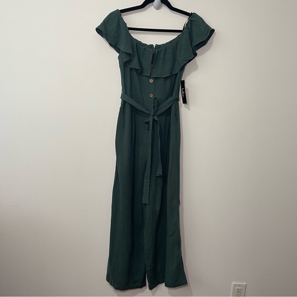 Lulus Women’s Green Off Shoulder Ruffle Maxi Dress in M NWT Belted Button Front - Picture 2 of 12